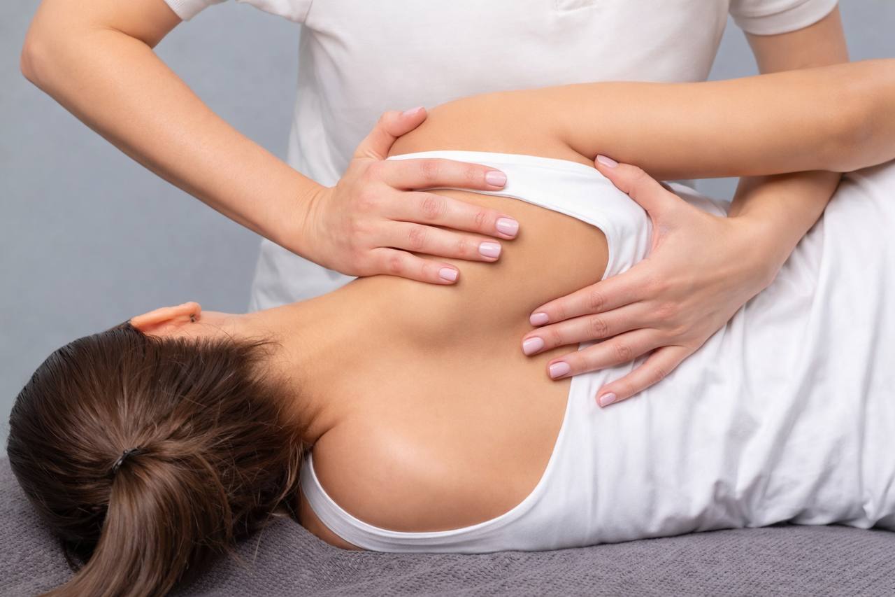 Adult receiving gentle osteopathic manual therapy in a calm treatment room